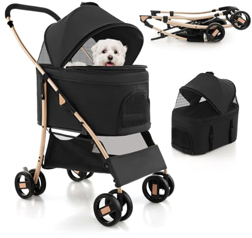 GYMAX Hundewagen 3 in 1, klappbar Hundebuggy mit abnehmbarem Träger & verstellbaren Verdeck, bis 15kg, Hundebox mit Netzfenstern, Haustierwagen für kleine/mittelgroße Hunde & Katzen(Schwarz)