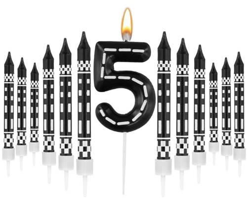 13pcs Bougies d'Anniversaire Numéro de Thème de Course, Anniversaire à Carreaux Noirs et Blancs, Bougies de Gâteau Colorées Bougie Numérique Décoration de Gâteau pour Garçons de Fête (5)