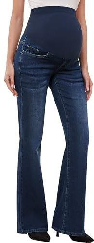 GLAMIX Women's Stretch Maternity Bootcut Jeans with Pockets Over The Belly Bell Bottoms Flare Denim Pants Pregnancy Clothes(Vintage Blue, L)
