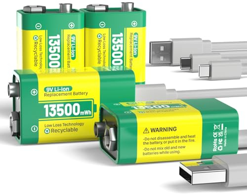Batteria ricaricabile da 9 V, 13500mWh 9 V batterie al litio ad alta capacità, con cavo di ricarica rapida USB-C, ideale per rilevatori di fumo, microfoni, allarmi, giocattoli, torce, dispositivi （4 ）