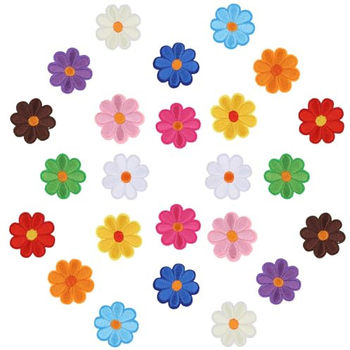 24 Stück Blumen Aufnäher zum Aufbügeln, Blumen Applikationsflicken Süße Gänseblümchen-Blumen-Applikation Blumen-Applikationen Florale Aufbügler für Jeans Hüte Kleidungsdekoration (Bunt)