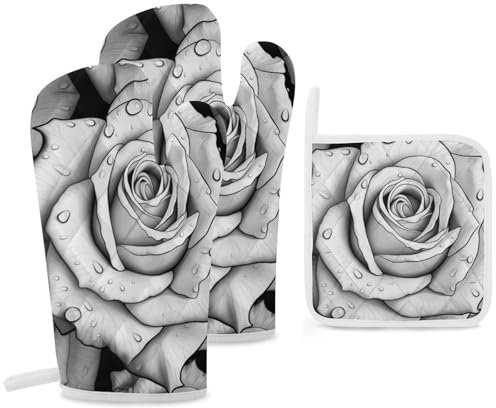 Ofenhandschuhe und Topflappen, 3-teiliges Set, Ofenhandschuh, schwarz, weiß, Rose, Ofenhandschuh, hitzebeständig, Küche, Ofenhandschuhe zum Kochen, heiße Pads, rutschfeste Kochhandschuhe zum Backen,