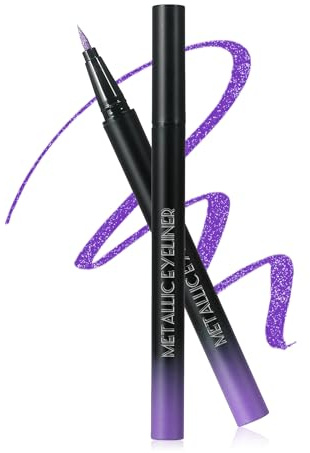 Lila Metallic Glitter Liquid Eyeliner für Frauen, Wasserfest Langanhaltend | Diamond Glitzer Eyeliner Stift Bunt, Ultrafeine Spitze, Wischfest Hochpigmentiert Kajalstift Halloween Weihnachten Make-up