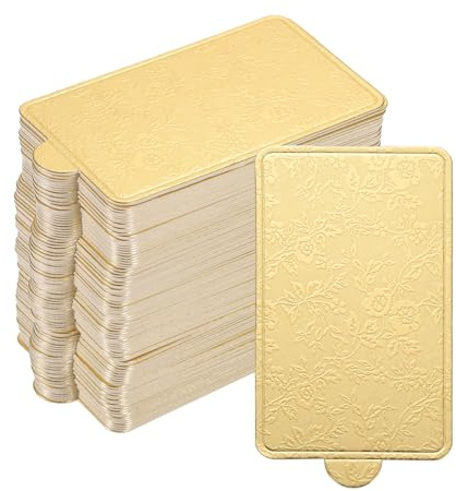 sourcing map 200pcs Mini Cake Boards, Mousse Cake Cardboards Rectangle Cake Bases Plates Cupcake Dessert Displays Base Tray for Cupcakes, Cakes Base - Grease Proof (Floral Gold)