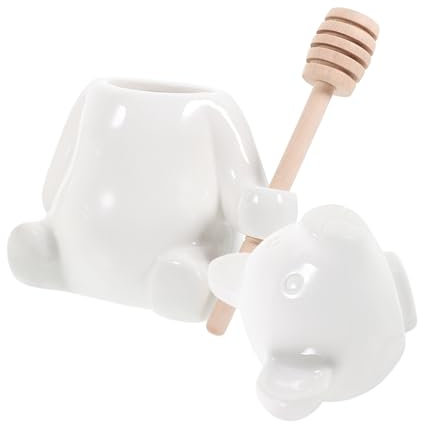 IMIKEYA 3sets Bear Shape Honey Jar Ceramic Dispenser Dipper Storage Jar for Honey Jam Syrup Wooden Stick Included
