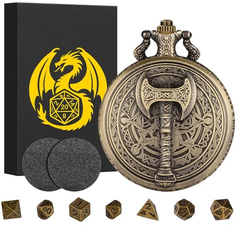 Mini DND Würfel Set mit Steampunk Axt Muster Taschenuhrgehäuse, Winzige 7-teilige Polyedrische Metall D&D Würfel, DND Geschenke mit Geschenk Box, Rollenspiele-Brettspielzubehör Würfel, Bronze