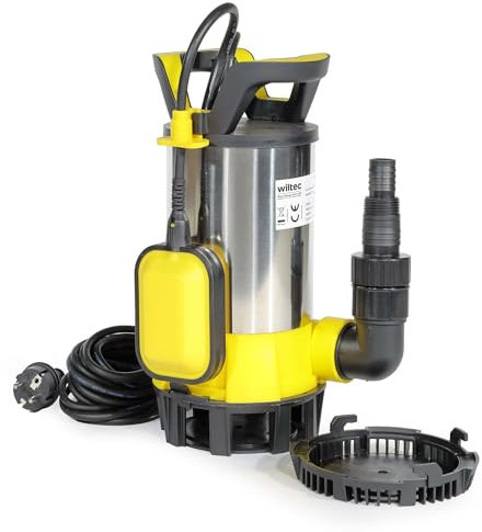 Wiltec Pompa sommersa ad aspirazione piatta 3in1 850 W, portata 15000 l/h, per acque chiare e scure, con galleggiante e termoregolazione, per cantine, stagni, piscine, pozzi