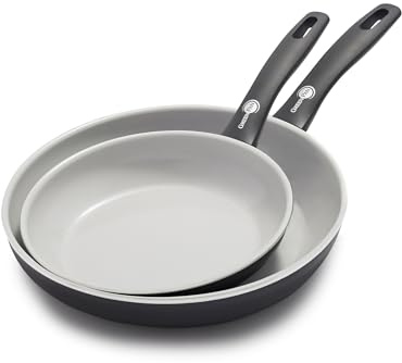 GreenPan Dover Bratpfannen-Set, 20,3 cm und 25,4 cm, ungiftig, PFAS-freie Keramik-Antihaftbeschichtung, braten Sie Saute-Bratei, Omlete, spülmaschinen- und ofenfest, kühlbleibender Griff, einfaches