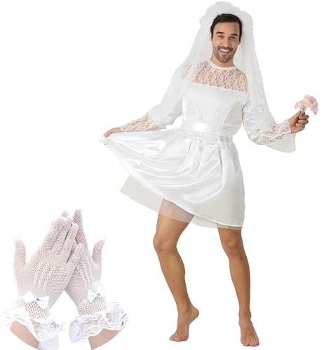 MYMG Costume da addio al celibato per Halloween, Carnevale da uomo, abito da sposa, abito da sposa, festival, addio al celibato, in pizzo, bianco, taglia unica