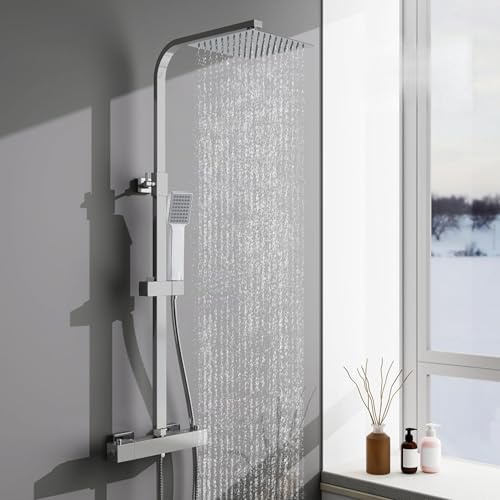 Aica Sanitär Duschsystem mit Thermostat, Edelstahl Duscharmatur Komplettset mit 20x20cm Quadratisch-Overhead Regendusche, 73-115cm Höhenverstellbare Duschstange, Verbrühungsschutz, Chrom