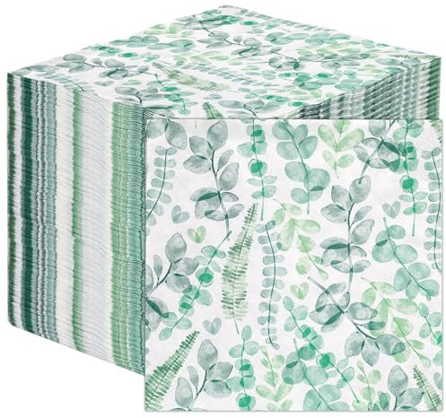 Table Kind 100 x Bulk Pack Soft Paper Napkins Disposable Green Leaves Eucalyptus Party Serviettes for Weddings or Everyday Use Eco Home Compostable Recyclable Made in EU 2ply 33cm