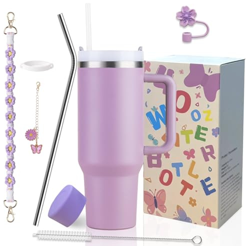 Sanilinwild 40 oz Tumbler Insulated Mug w/Straw & Flip Cap Lids - Cup Holder Bottle with 6 Accessories Set for Hot, Cold Drink - Leak-Proof - Water, Coffee Portable Travel Mug (Lupine Purple)
