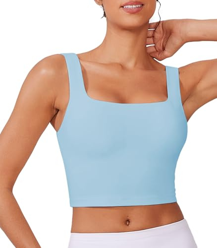 PINSPARK Sportbehå för kvinnor utan bygel avtagbar vadderad sport bustier andas U-rygg yoga bh crop toppar löpning jogging fitness sport bh topp, Denim blå, M