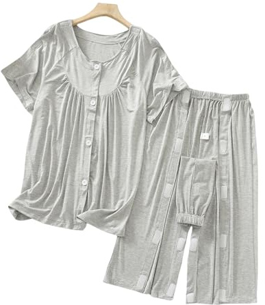 SOEDZUNG Tear Away Womens Surgery Recovery Outfit Modal Post Op Clothing for Bedridden Patients Comfortable Soft(Beige,L)