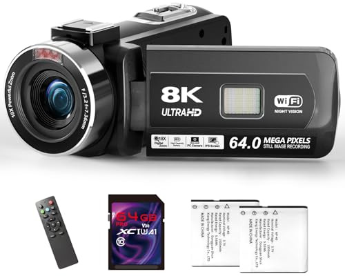 8K Video Camera - UHD 64MP Camcorder with 64GB SD Card & WiFi 18X Digital Zoom Vlogging Camera with IR Night Vision for YouTube, 3 Touch Screen with Fill Light, Lens Hood, Remote and 2 Batteries