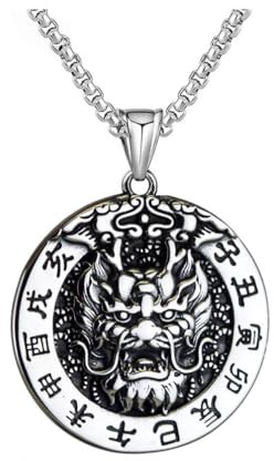OAKKY Unisexe en Acier Inoxydable Personnalité Vintage 12 Zodiaque Chinois Chanceux Rond Pendentif Chien Tag Horoscope Animal Chaîne Signe Prie Amulette Collier