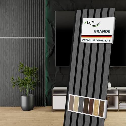 HEXIM Akustikpaneele 140x30cm Holz Grande - Wandpaneele Platten Lamellen Holzpaneele Echtholzfurnier 21mm Filz Schalldämmung MDF Grau (0,42m² Grey Ash)