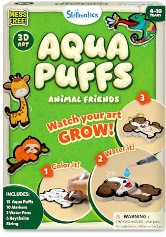 Skillmatics Aqua Puffs - 3D Art Kit, Animals, Mess-Free Paint by Number Craft for Kids, DIY Color Activity, Screen-Free Entertainment, Travel & Creative Gift for Girls & Boys Ages 4, 5, 6, 7, 8, 9, 10