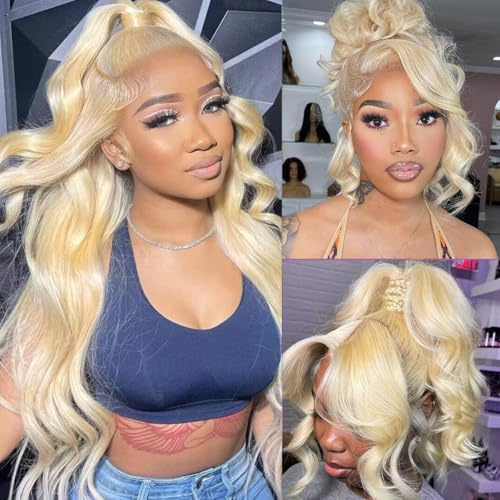 360 Echthaar-Perücke, 200 Dichte, 613 Blond, gewellt, HD-Front, volle Spitze, klebefrei, für Frauen (360 Lace 613 Body Wave Perücke, 55,9 cm)