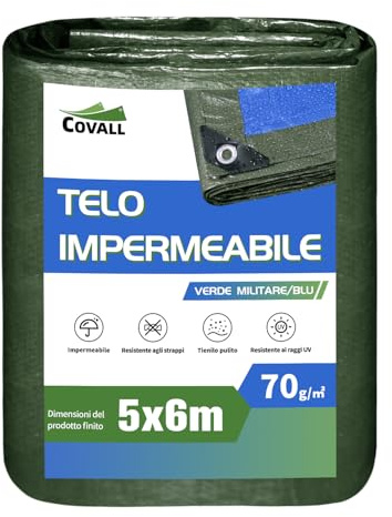 COVALL Telone plastica antipioggia 5x6m, 70g/㎡ telo impermeabile esterno multifunzionale con protezione UV verde/blu, adatto per coperture protettive per auto, coperture antipioggia per esterni