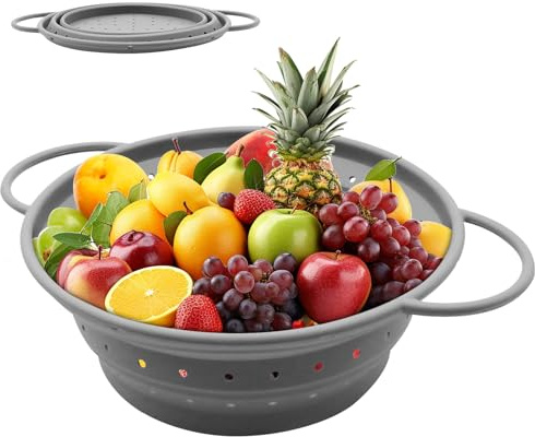 DENUOTOP Nudelsieb Faltbar, Küche Silikon Abtropfsieb mit Griffen 22cm Ø, Faltbares Sieb für Abtropfen von Salate, Nudeln, Gemüse und Obst, Platzsparendes Sieb Faltbar für Küche und Camping