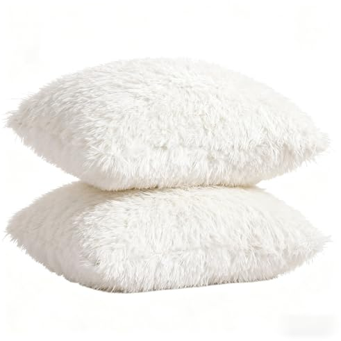 MINWEGI White Fluffy Cushions, White Cushion Covers, 2 Packs Fluffy Plush Pillow Cover 40x40cm, Luxury Faux Fur Throw Pillow Case Square Cushion Cover for Sofa Bed with Zipper, Home Decorative