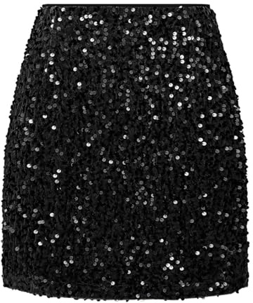 Generisch Minifalda de lentejuelas para mujer, cintura alta, con purpurina, Negro , S