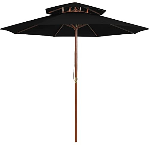 Parasol avec double toit, mât en bois robuste, noir, 270 cm, protection UV pour jardin, terrasse, balcon, protection solaire idéale pour l'extérieur, avec système de cordon