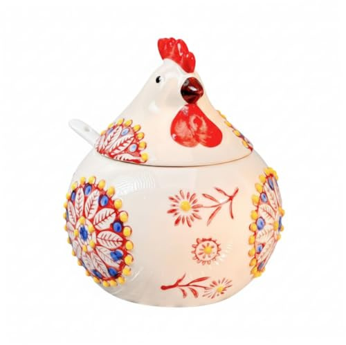 AwnsIMfreien Azucarero con Tapa, salero de cerámica de 400 ml, Bonito Tarro de Especias de Pollo con Cuchara, azucarero Rojo para Cocina, Bonitos tarros de Especias