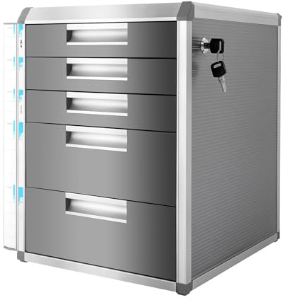Boîte à tiroirs verrouillable en métal - Boîte de rangement pour documents - En alliage d'aluminium - Armoire de bureau en métal - Meuble d'appoint pour documents (5 niveaux)
