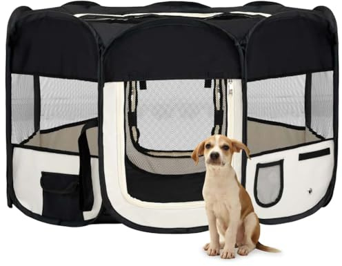 Ordellia Faltbarer Welpenlaufstall mit Tragetasche, Schwarz Creme, 125x125x61 cm, Hundezwinger, Hundeauslauf, Welpenauslauf, Laufstall, Indoor und Outdoor, Robustes Gehege