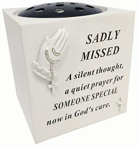 David Fischhoff Sadly Missed Praying Hands Rose Bowl with Diamante Decoration Grave Memorial for Grandad, Weatherproof - for Graveside Flower Arrangements, 14 X 15 Cm