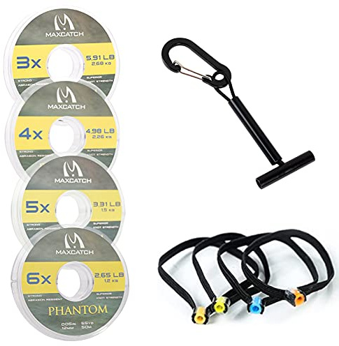 MAXIMUMCATCH Fly Fishing Tippet Line (3X, 4X, 5X, 6X) with Tippet Holder & Spool Tender, Clear, 50m/55Yds, 4PCS