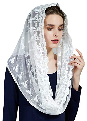 BEAUTELICATE Damen Mantilla Katholisch Schleier Spitze Kapelle Schal Stola Kopfbedeckung Spitze für Katholisch Kirche Latin Mass Kirche Hochzeit Braut V108, Weiß