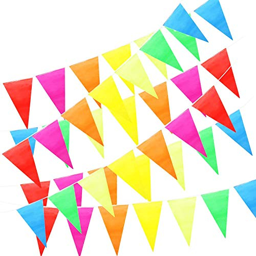 50m Fanion Multicolore, ZoneYan Guirlande Fanion Tissu, Banderole Triangle, Drapeau Banniere, Fanion Exterieur 100 Pcs