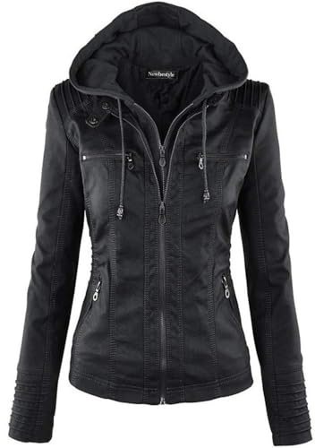 Newbestyle Femme à Capuche Veste Simili Cuir Femme Moto Style Manteau,Black,XL