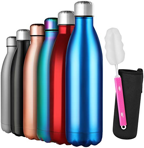 GeeRic Bottiglia Termica 750ML, Borraccia in Acciaio Inox+Spazzola+Borsa Portatile Bottiglia d'Acqua Sportiva Tenere 12H Caldo/24 Freddo Borraccia Termica per Campeggio,Scuola,Sport,Palestra Blu