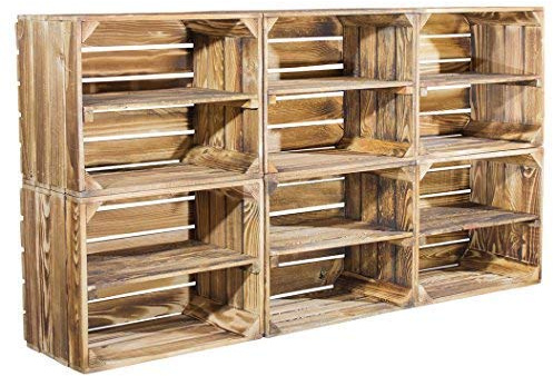 Geflammte Kiste für Schuhregal und Bücherregal - Obstkiste flambiert / flammbiert mit Brett für Schuhe und Bücher - neue Holzkiste für Deko und als Regal aus Holz - sehr stabil 50x40x30cm (6 Kisten)