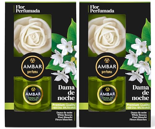 Ambar Perfums Ambientador Flor Difusora. Ambientador Casa Flor Perfumada Dama de Noche 0% Alcohol, +60 días duración. (Pack 2 uds. x 75 ml)