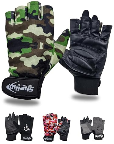 Shelly Rollstuhl-Handschuhe aus Leder, gepolsterte Handflächen, atmungsaktiv, fingerlose Fahrradhandschuhe mit rutschfestem Griff, leicht, zum Radfahren (Camo-Grün, Größe L)