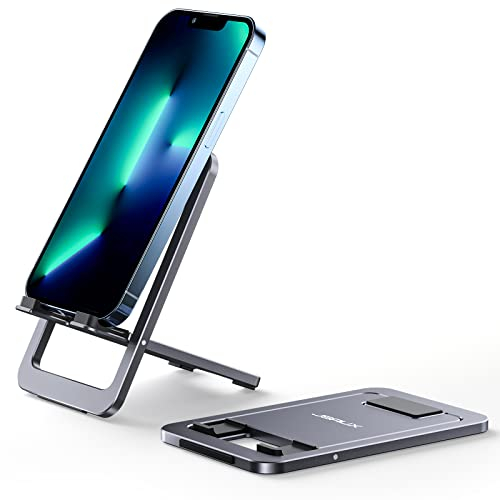 JSAUX Cell Phone Stand, Foldable Aluminum Adjustable Phone Holder for Desk Portable Travel Holder Office Desk Accessories Compatible with iPhone 15 14 13 12 11 Pro Max Samsung S22 S21 A53 Switch Grey