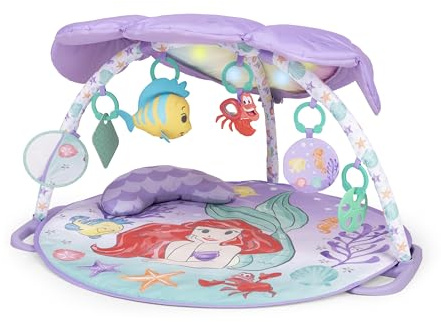 Bright Starts, Disney Baby, Manta de Actividades y Juegos de La Sirenita con Luces y 25 Minutos de melodías, 6 Juguetes extraíbles y cojín de Apoyo, Color Morado, para recién Nacidos en adelante