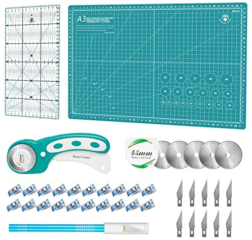 Rollschneider Set - 45mm Rollschneider Stoffschneider Set inkl. A3 Schneidematte, Rollschneider, Ersatzklingen, Patchwork-Lineal, Stoffklammern, ideal zum Basteln, Nähen, Patchworken (Grün)