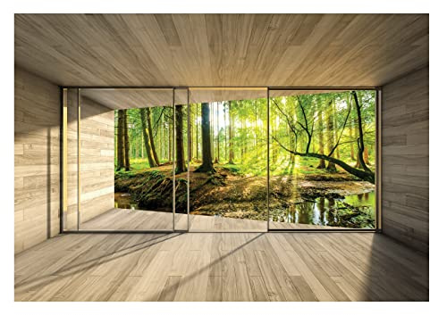 Carta Da Parati 3D Effetto Foresta Bosco Finestra - Include Colla - Moderna Fotografica Carta per Pareti Soggiorno Camera Da Letto Sala Fotomurali In Tessuto Non Tessuto TNT (312x219 cm - 3 Strisce)
