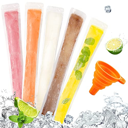 FEBSNOW Einweg-Eisbeutel mit Reißverschluss, für gesunde Snacks, Joghurt-Sticks, Saft und Frucht-Smoothies, Eisbonbons mit Trichter, 27,9 x 5,1 cm, 120 Stück