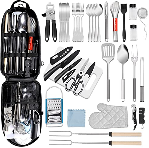 35-Piece Camping Kitchen Utensil Set with Carry Bag and Grilling Tools