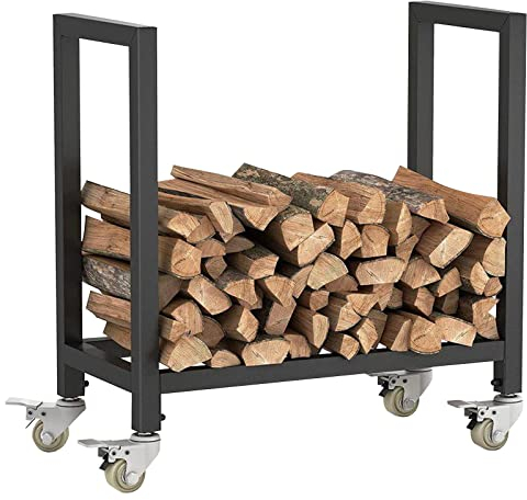 GDWD Kaminholzregal Metall, Brennholzregal Feuerholzregal mit Räder, Schwarz Kaminholzständer, Kaminholzhalter Kaminwerkzeug Regal, Innen und Aussen