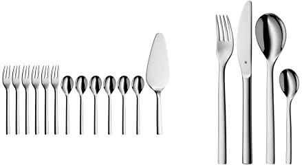 WMF Obst-/ Kuchenbesteck 13-teilig Kaffeelöffel Kuchengabel Tortenheber für 6 Personen Nuova Cromargan Edelstahl rostfrei poliert & Nuova Besteckset für 1 Person, 4-teilig, Monobloc-Messer