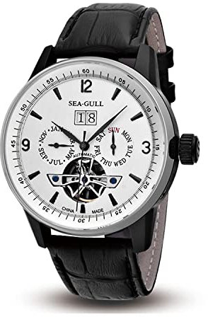 SEA-GULL Seagull Automatische Uhr Skelett Uhren mit Monatskalender, Wochenkalender, Schwungraduhr für Herren, White Dial/White Ring