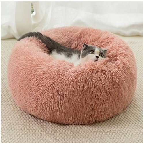 Hundebett Rund Hundekissen Plüsch Donut Mittelgroße Hunde Hundebett für Große undekissen Waschbar Flauschig Hundematte Anti Rutsch Noppenboden 50cm Leder Rosa